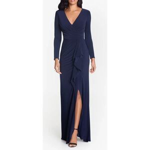 Betsy & Adam Elle Long Sleeve Side Ruffled Slit Gown Navy Blue Size 8 NEW